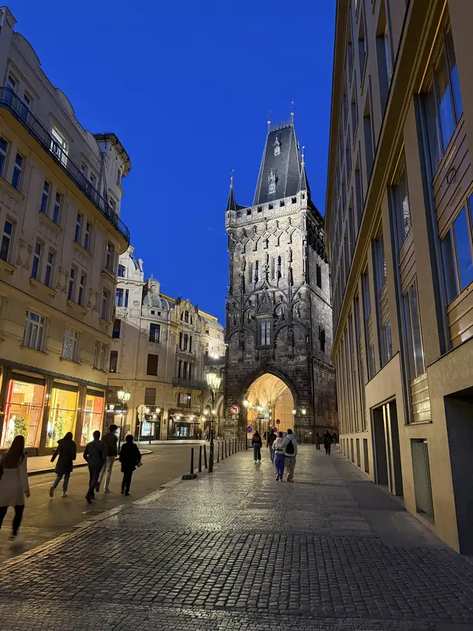 The Powder Tower at dusk, photographed by Jeremy