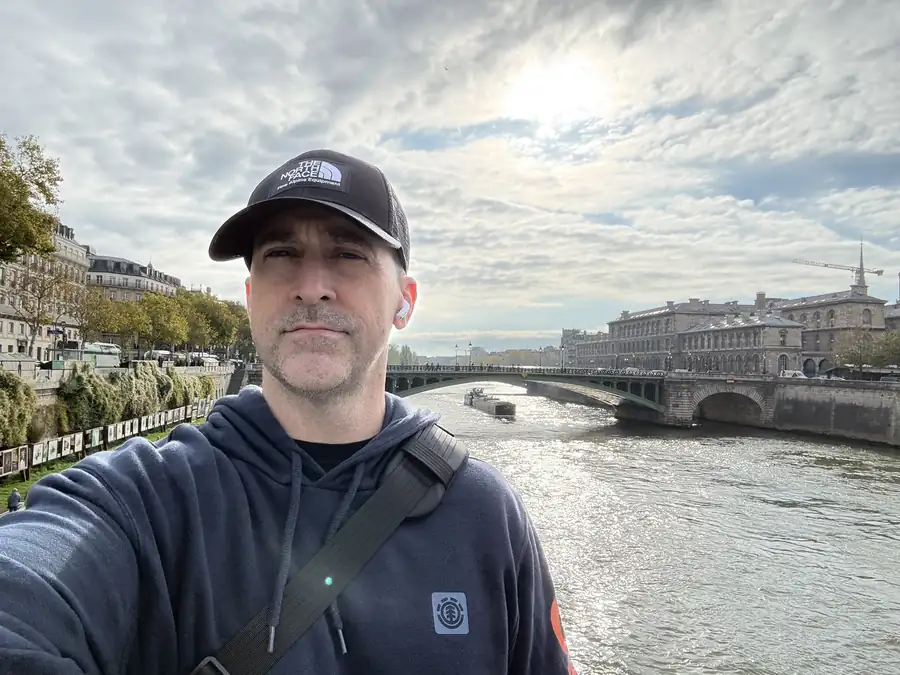 Jeremy on the Seine, by the Pont Notre-Dame, photographed by Jeremy